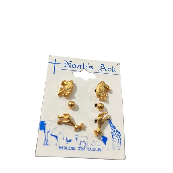 Vtg Noahs Ark Set of 3 Gold Tone Bead Figural Giraffe Bear Stud Earring NWT Rare - Picture 4 of 7